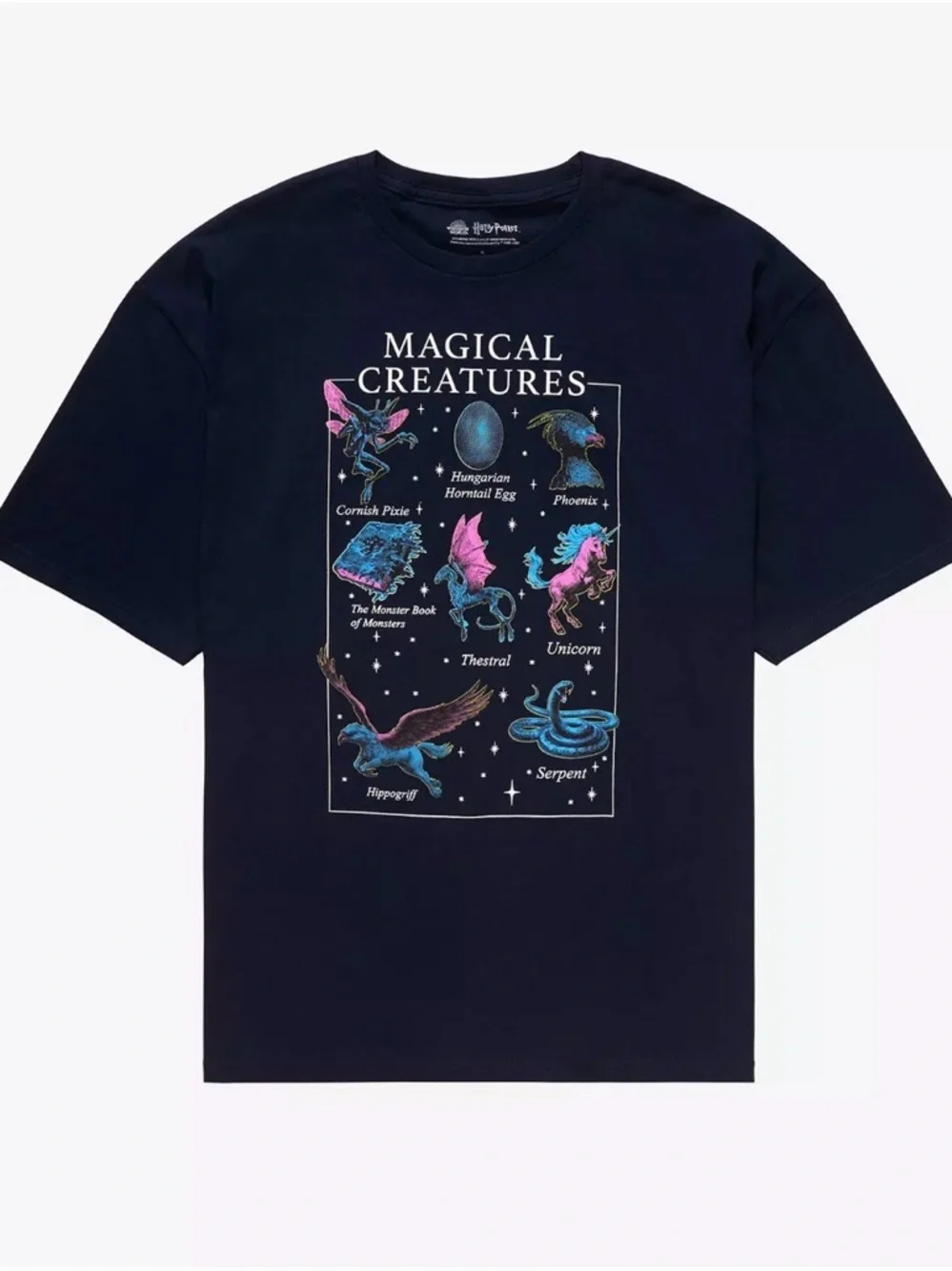Harry Potter Magical Creatures Graphic Tee - Navy with Pink & Teal Artwork sz M - Picture 1 of 5